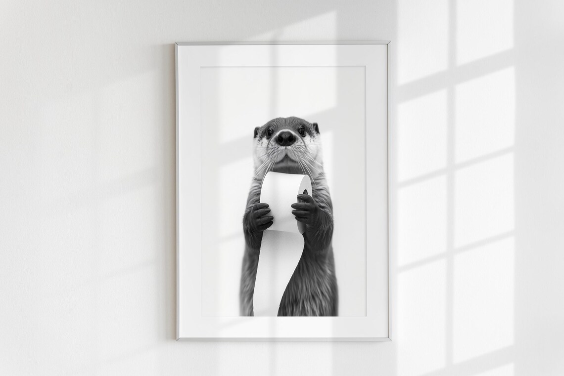 Otter Holding Toilet Paper Roll Black White Funny Bathroom Photo Poster - Image 6