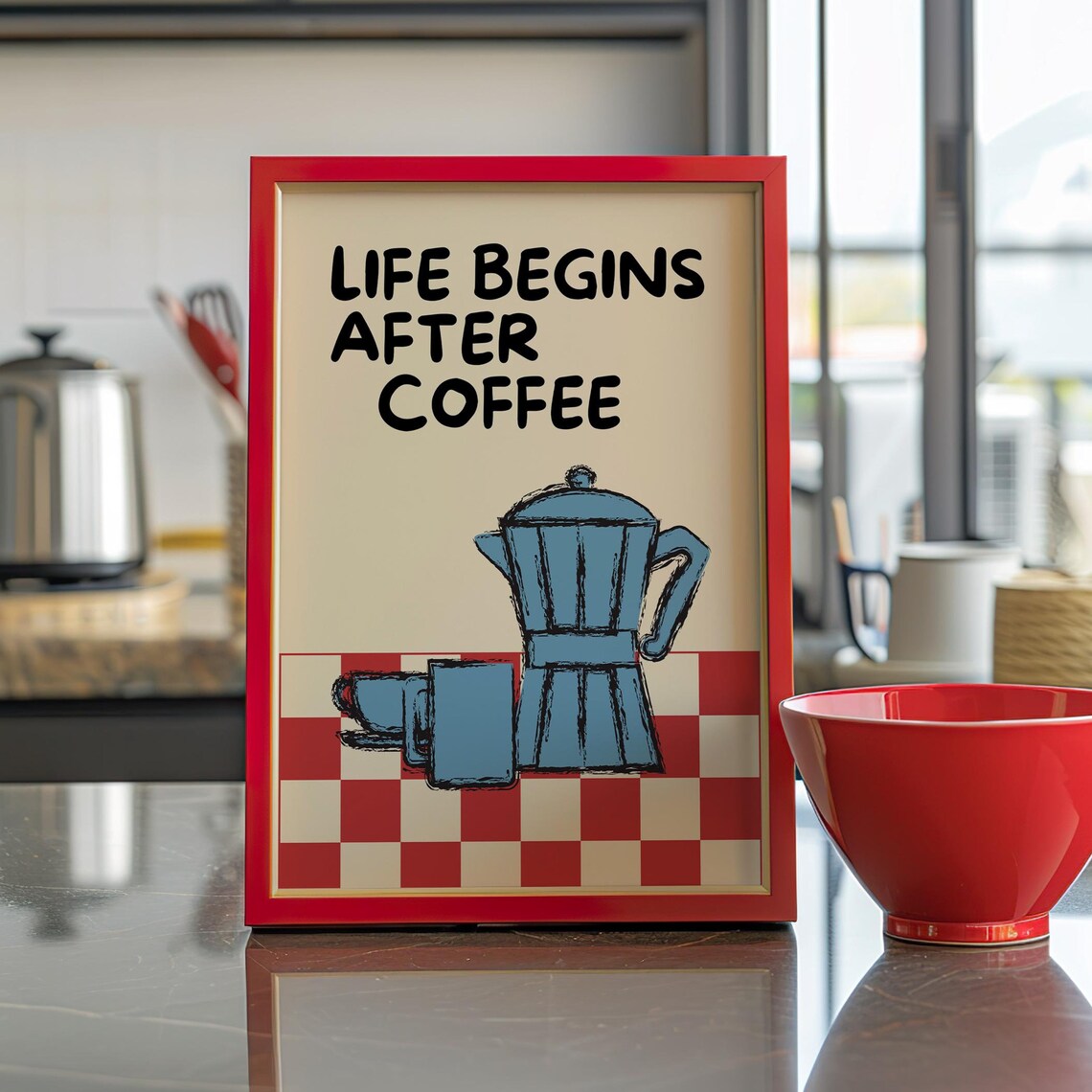Life Begins After Coffee Moka Pot Red Checkerboard Quote Poster
