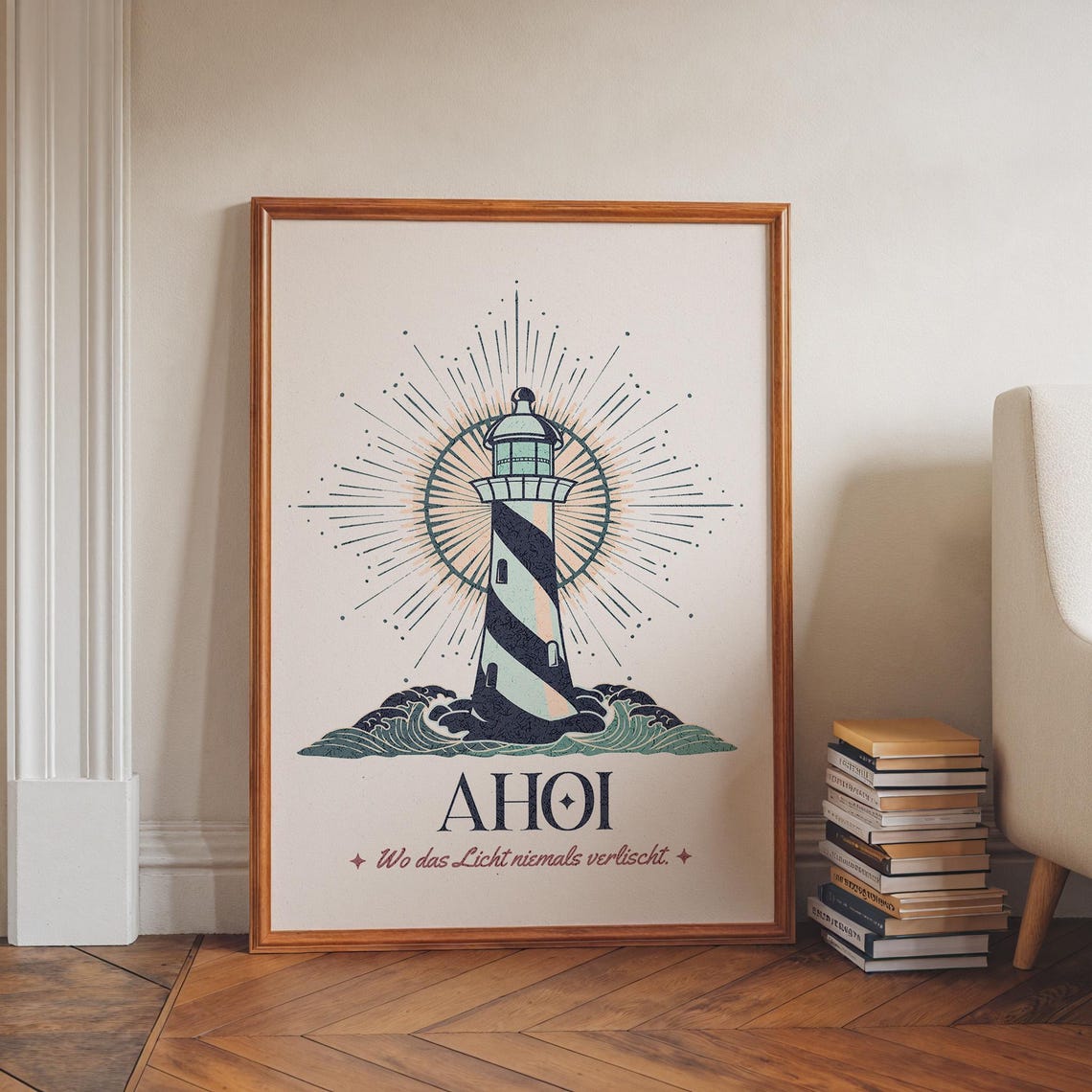 Ahoi German Nautical Lighthouse Poster with Vintage Coastal Quote