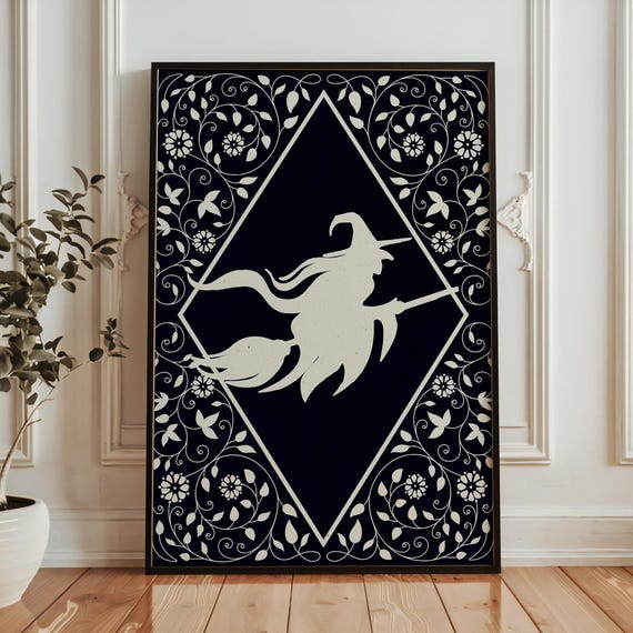 Witch Silhouette Poster Elegant Gothic Halloween Wall Art With Floral Frame