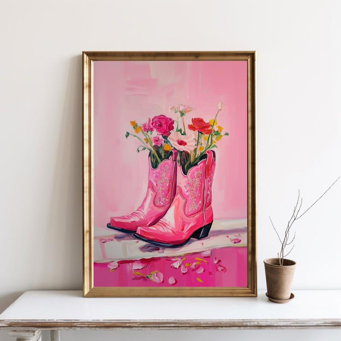 Coastal Cowgirl Boots Wall Art Pink Flower Western Print Nursery Teen Girl Bedroom Poster Dorm Room Decor Preppy Apartment Sg315
