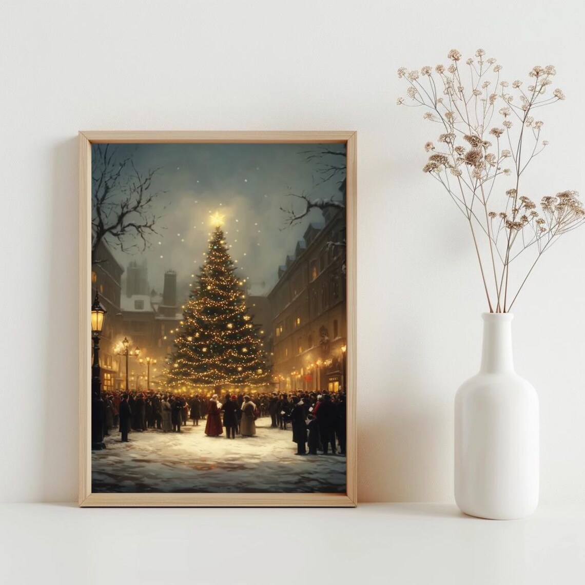 Cozy Christmas Tree Town Square Winter Night Vintage Art Poster