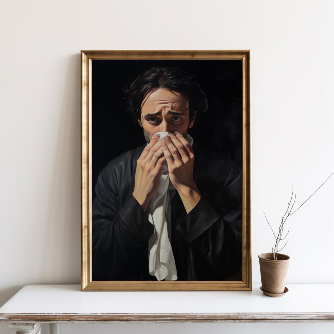 Classical Oil Portrait Man With Tissue Funny Bathroom Art Poster