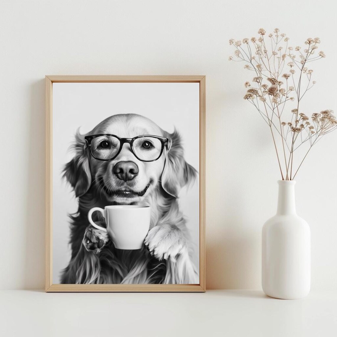 Funny Golden Retriever Coffee Mug Print Black White Dog Glasses Decor