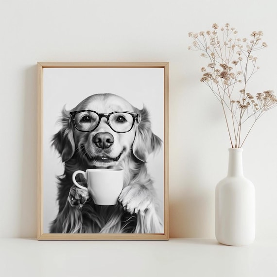 Golden Retriever Drinking Coffee Wall Art Lover Poster Black And White Print Cute Dog Gift Funny Kitchen Decor Sg419