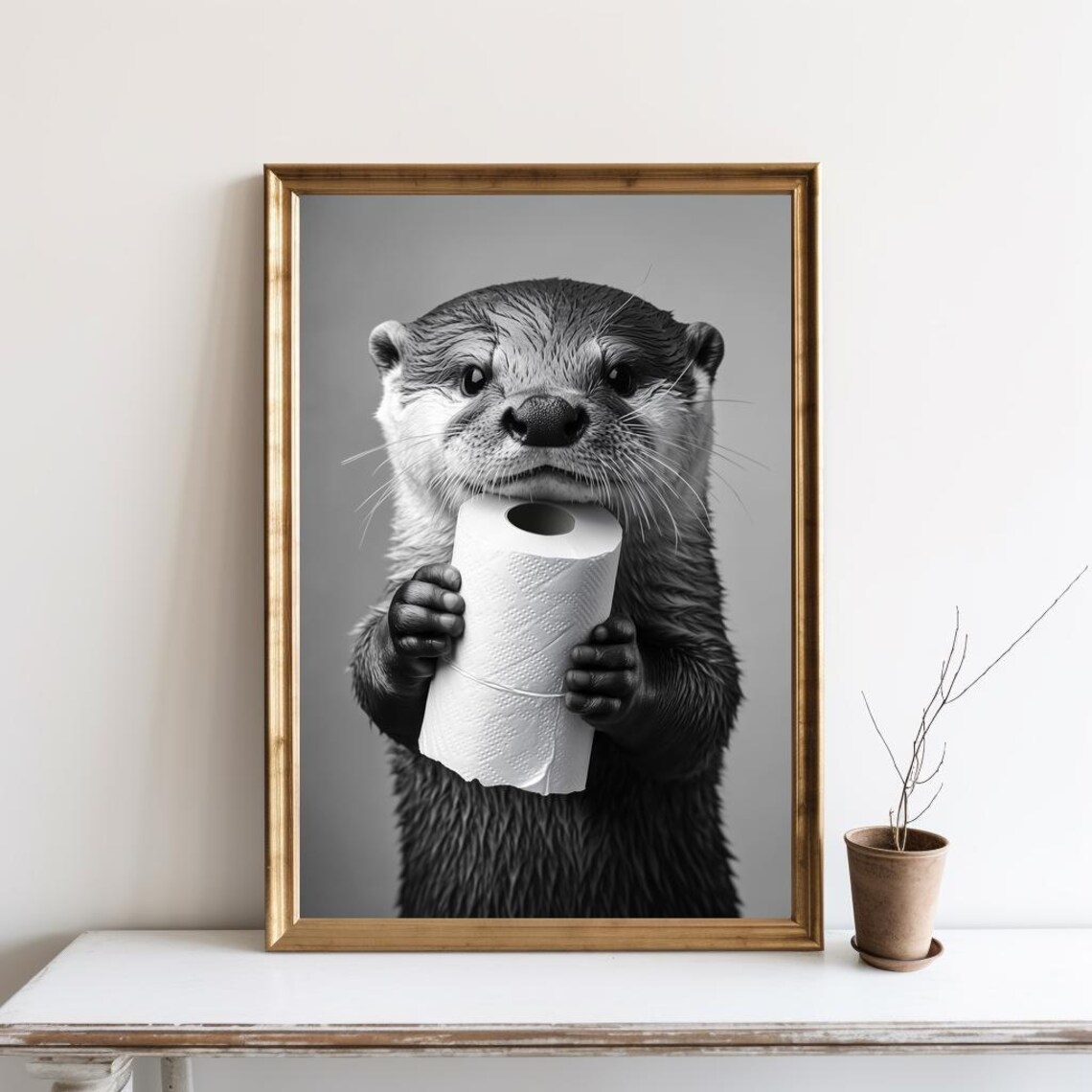 Otter Holding Toilet Paper Funny Bathroom Black White Photo Poster