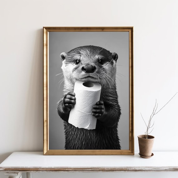 Otter Holding Toilet Paper Funny Bathroom Black White Photo Poster