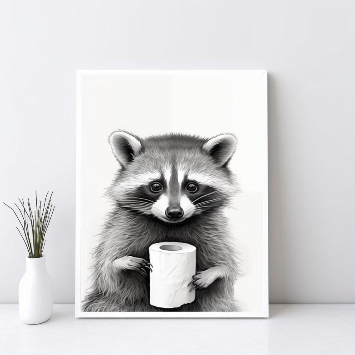 Cute Raccoon Holding Toilet Paper Funny Bathroom Nursery Art Poster