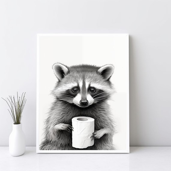 Cute Bathroom Raccoon Art Toilet Paper Wall Kids Poster Decor Animal Funny Sg122