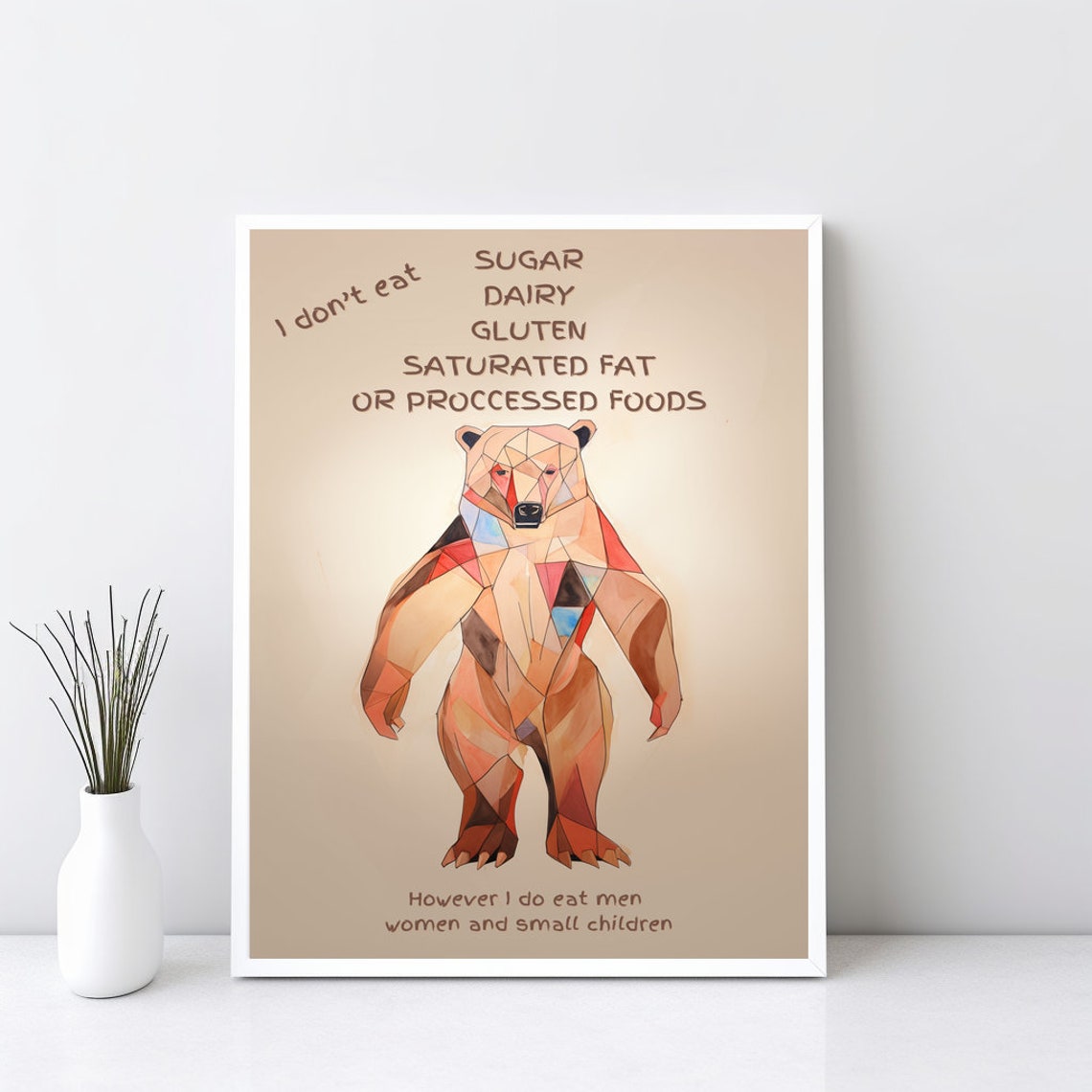 Funny Geometric Bear Diet Quote Sugar Gluten Humorous Kitchen Poster