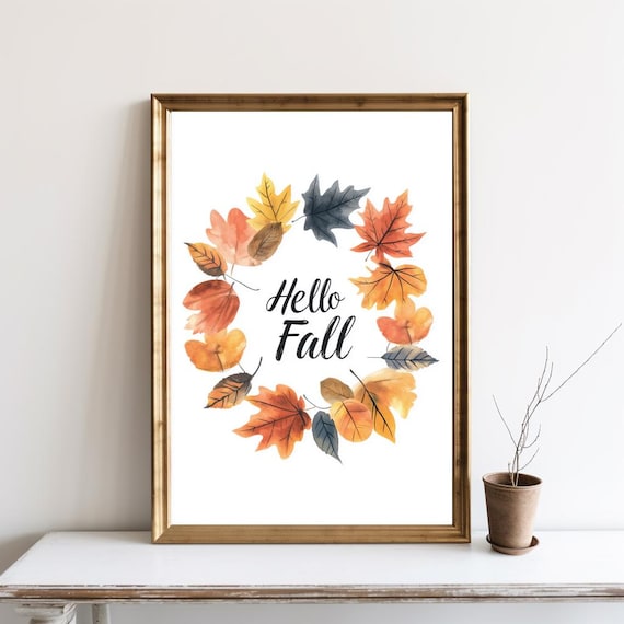 Hello Fall Watercolor Autumn Leaf Wreath Print Seasonal Home Decor