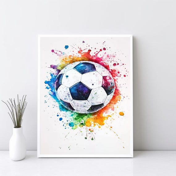 Soccer Ball Wall Art Colorful Watercolor Football Boys Bedroom Decor Girls Room Poster Kid Painting Sg320