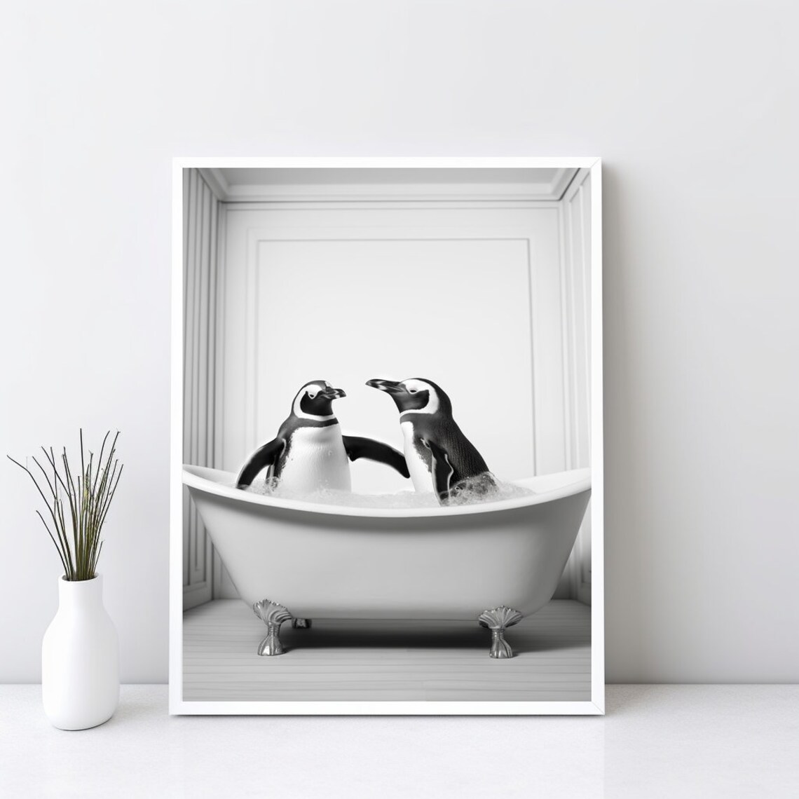 Adorable Penguins Playing in Bath Tub, Poster Print