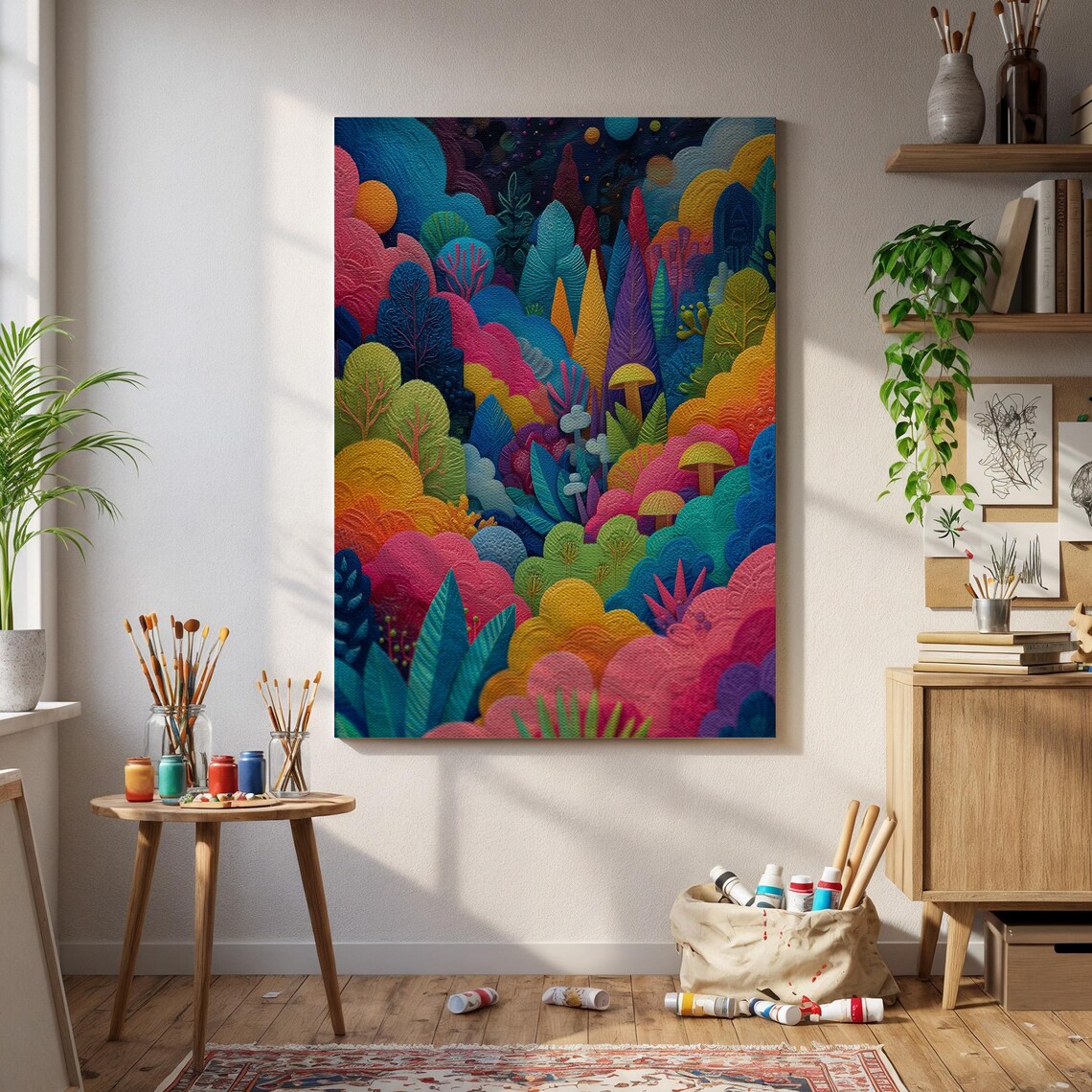 Colorful Fantasy Forest Whimsical Trees Mushrooms Art Poster