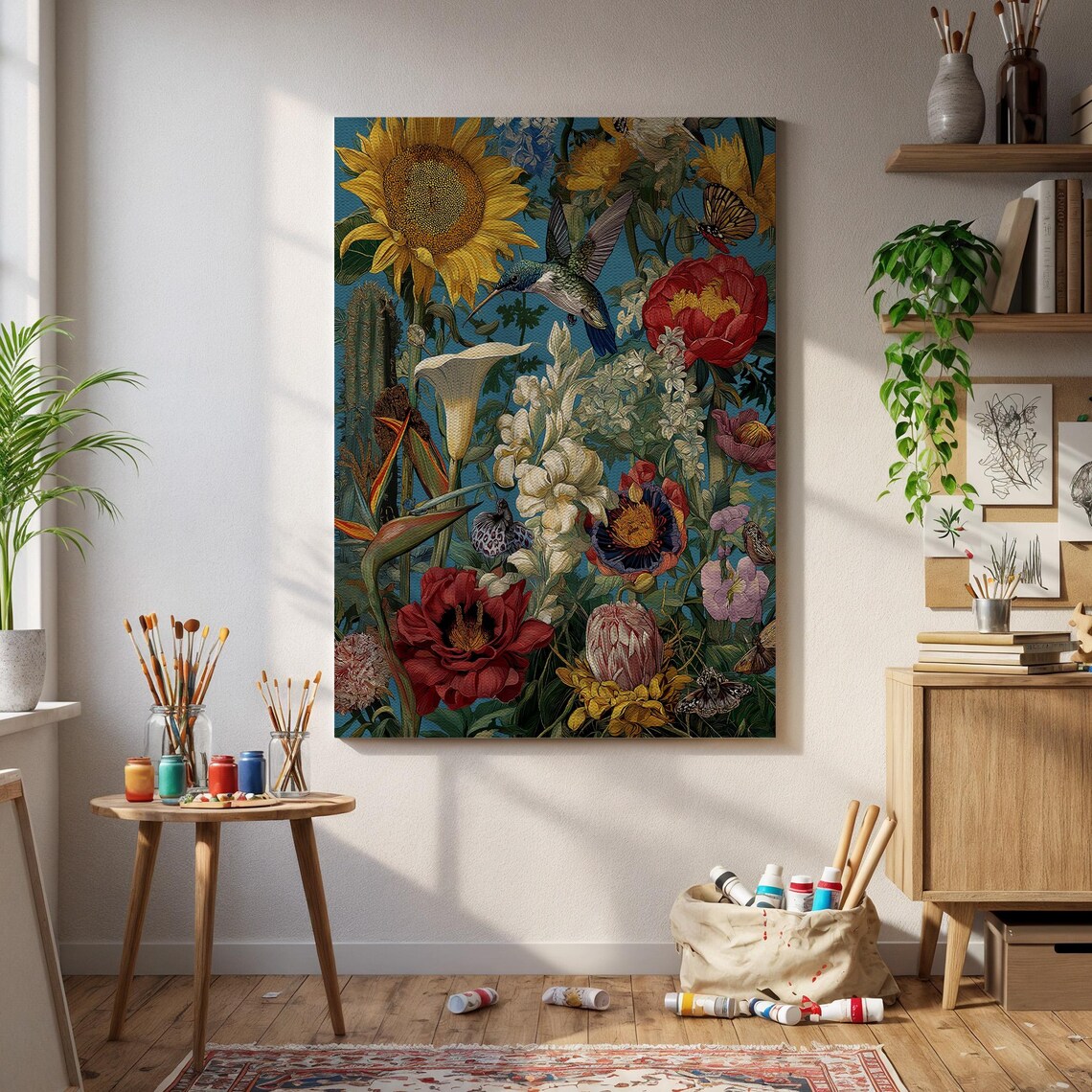 Tropical Botanical Hummingbird Sunflower Floral Canvas Art Poster