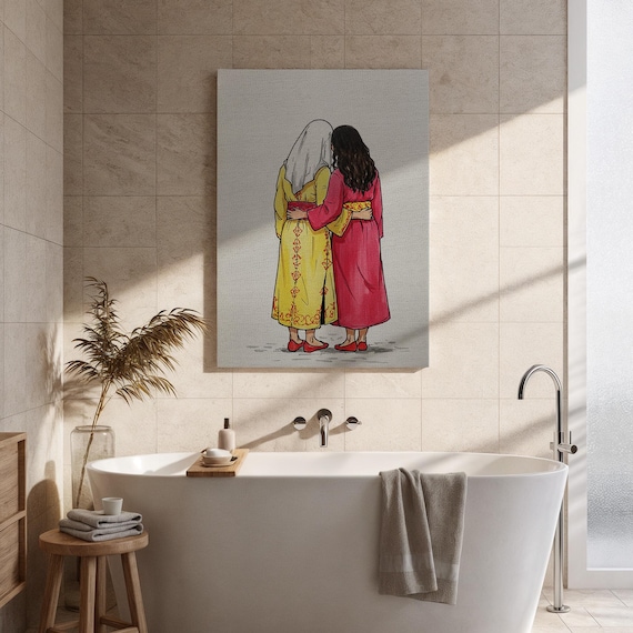 Traditional Women Embracing Illustration Sisterhood Friendship Wall Art