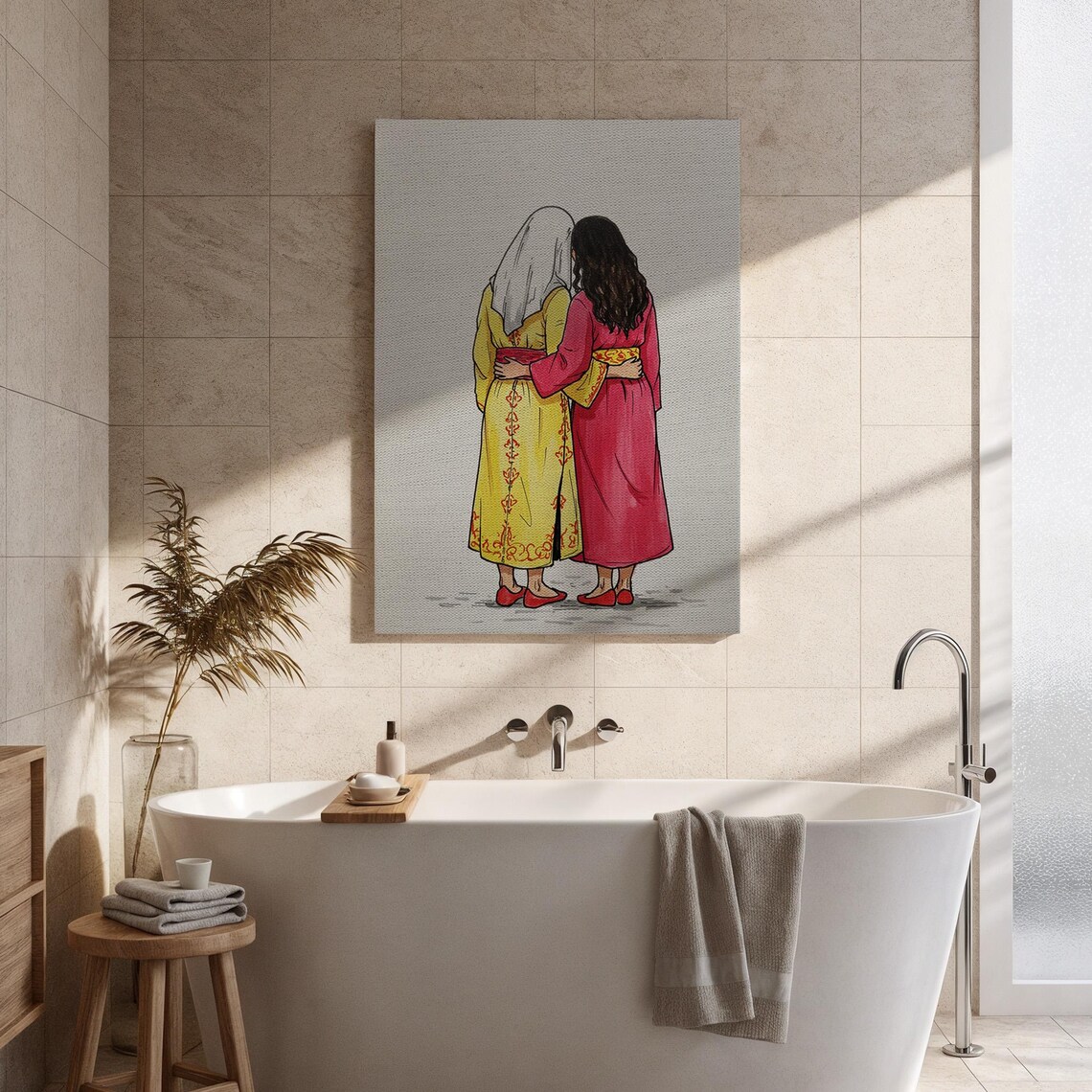 Traditional Women Embracing Illustration Sisterhood Friendship Wall Art