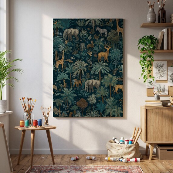 Dark Jungle Safari Animals Pattern Elephant Giraffe Canvas Art Print