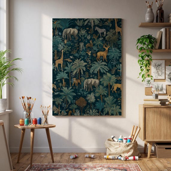 Framed Jungle Animal Canvas Wall Art Safari Wildlife Decor Tropical Forest Poster Print For Nursery Office Living Room