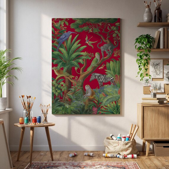 Jungle Animals Wall Art Bold Red Tropical Forest With Parrots Monkeys And Zebra Exotic Wildlife Canvas Print For Boho Nature Decor