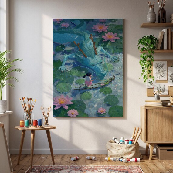 Water Lily Dragon Fantasy Art Enchanted Blue And Girl Crossing Bridge In Magical Pond Scene Wall Print For Dreamy Interiors