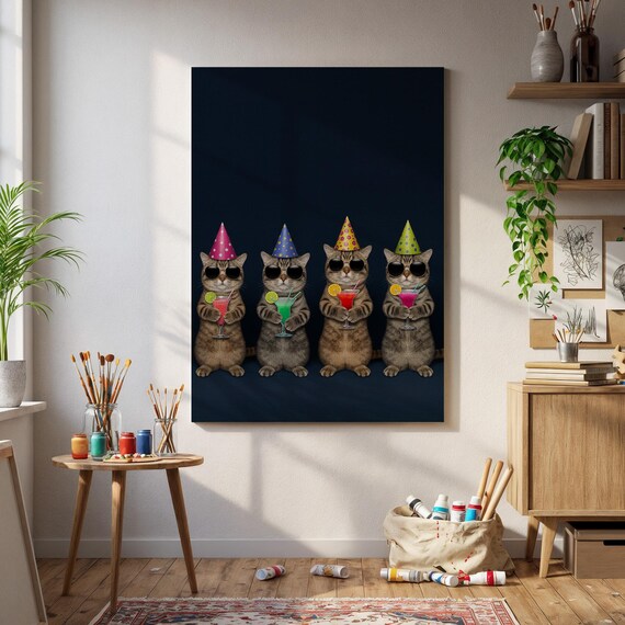 Party Cats Wall Art Funny In Sunglasses With Cocktails And Hats Whimsical Animal Poster For Celebration Lovers