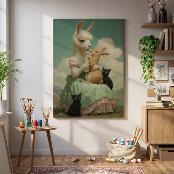 Whimsical Llama Wall Art Dresswearing Feeding Bunny With Black Cats Fairytale Animal Print For Nursery Or Cottage Decor