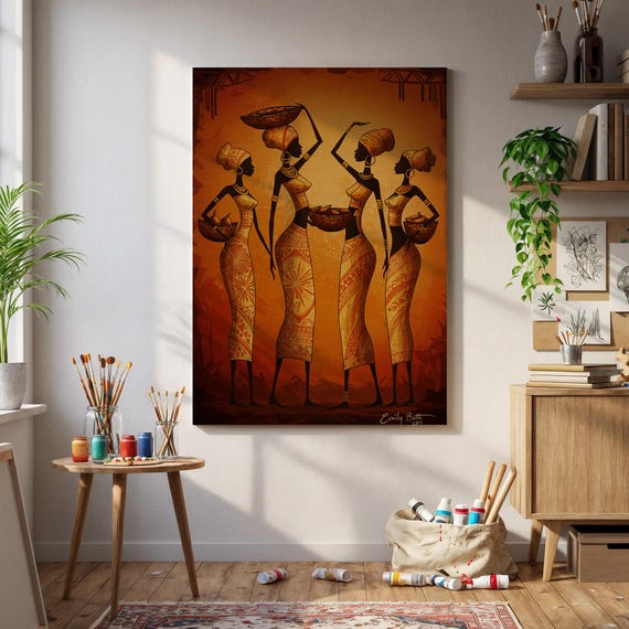 African Tribal Women Art Print Elegant Silhouette Wall Decor Sunset Tones Traditional Patterned Dresses Cultural Boho Home Canvas