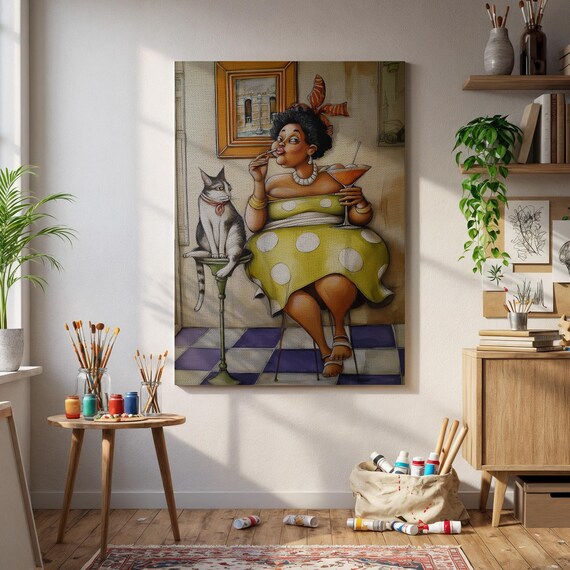 Whimsical Lady and Cat Cocktail Poster Colorful Kitchen Illustration