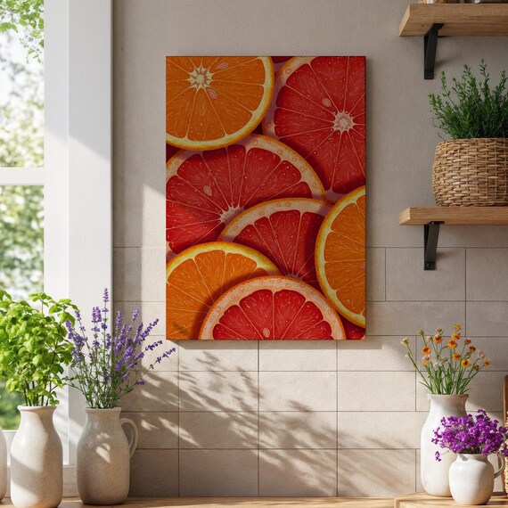 Fresh Orange and Red Grapefruit Slices Colorful Kitchen Wall Art