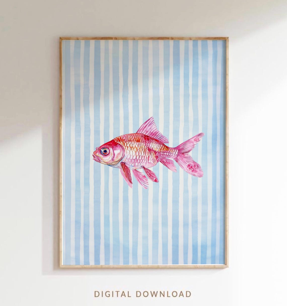 Pink Watercolor Fish on Blue Stripes Coastal Kitchen Art Poster