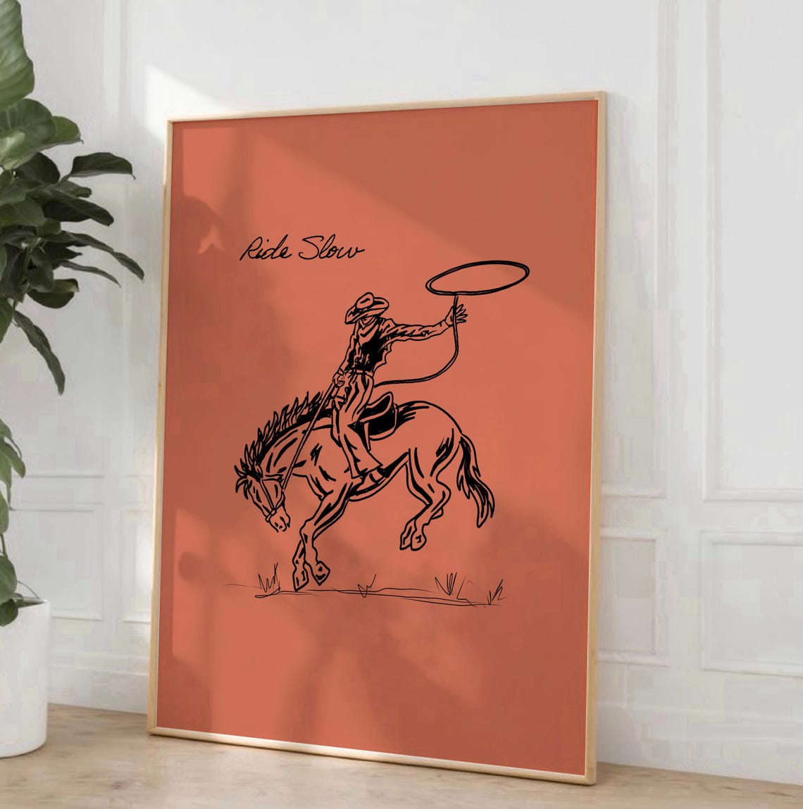 Ride Slow Cowboy Art Print Western Cowboy Wall Art Wild Horse Art Burnt Orange Wall Art Country Rodeo Poster Retro Farmhouse Decor - Image 2