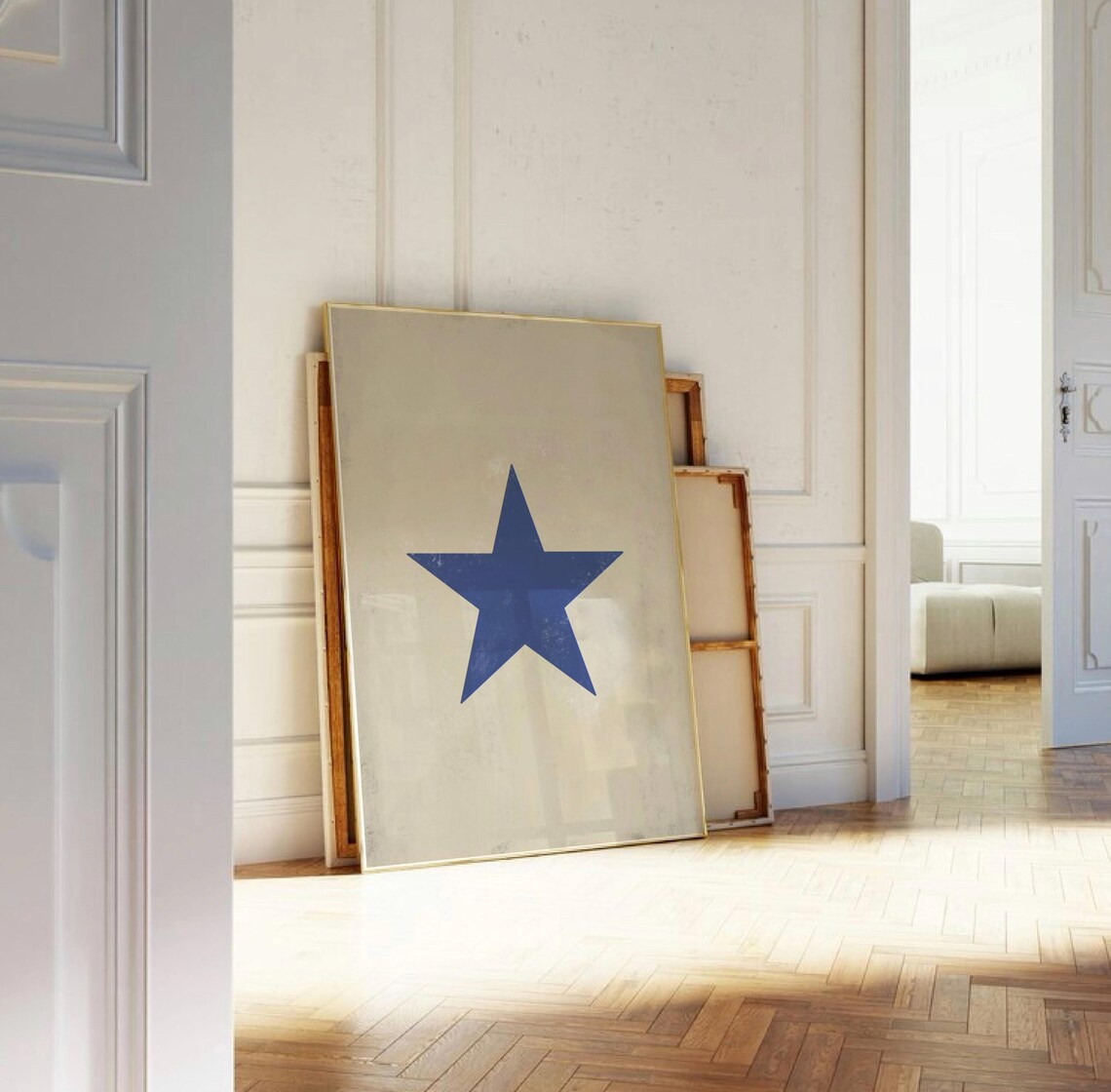 Vintage Blue Star Distressed Retro Beige Graphic Farmhouse Poster - Image 2