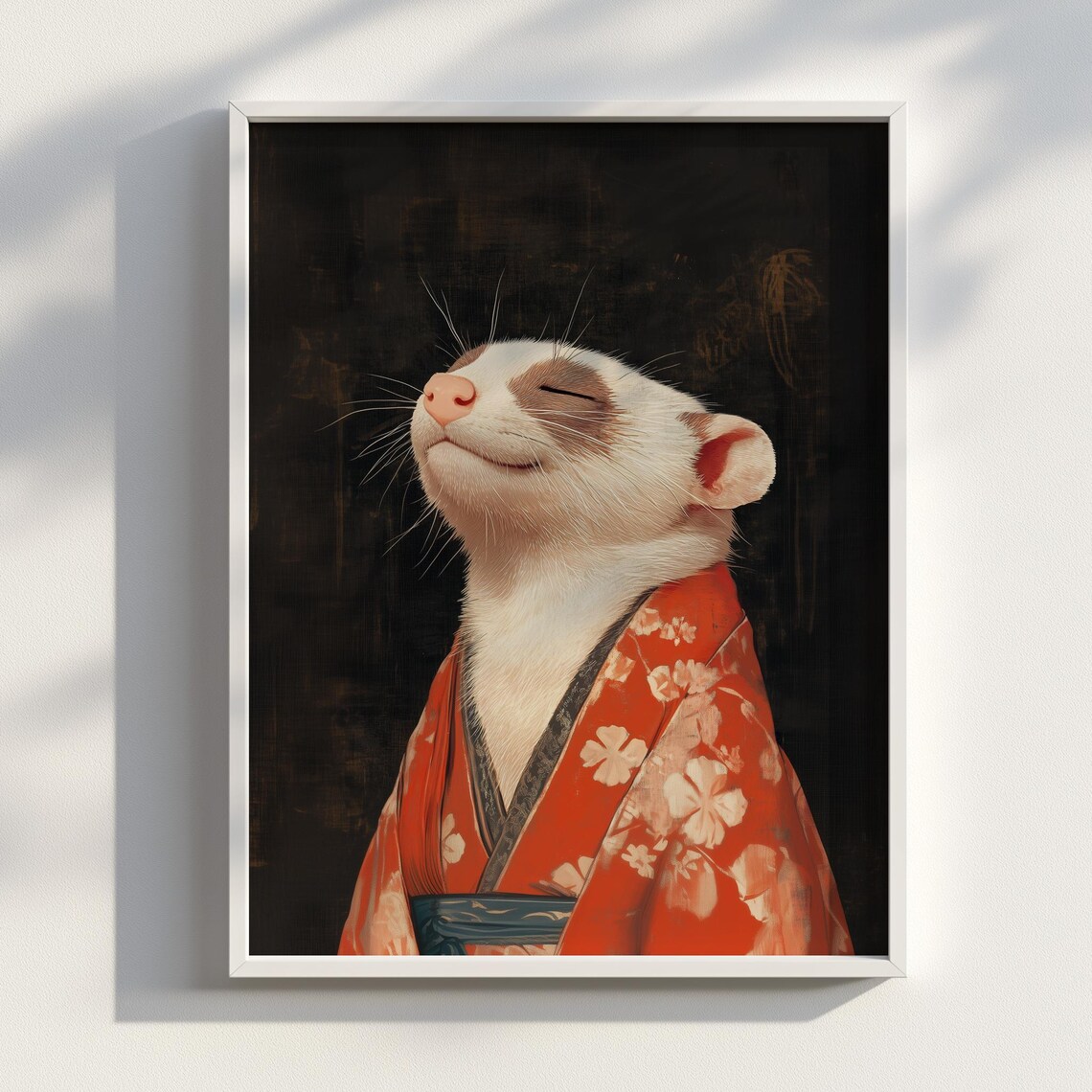 Blissful Ferret in Red Kimono Serene Portrait Dark Floral Art Poster