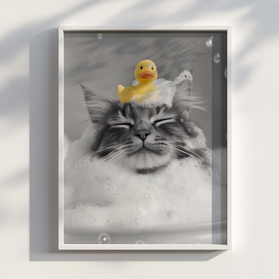 Long-Haired Kitten Bubble Bath With Rubber Duck Funny Poster