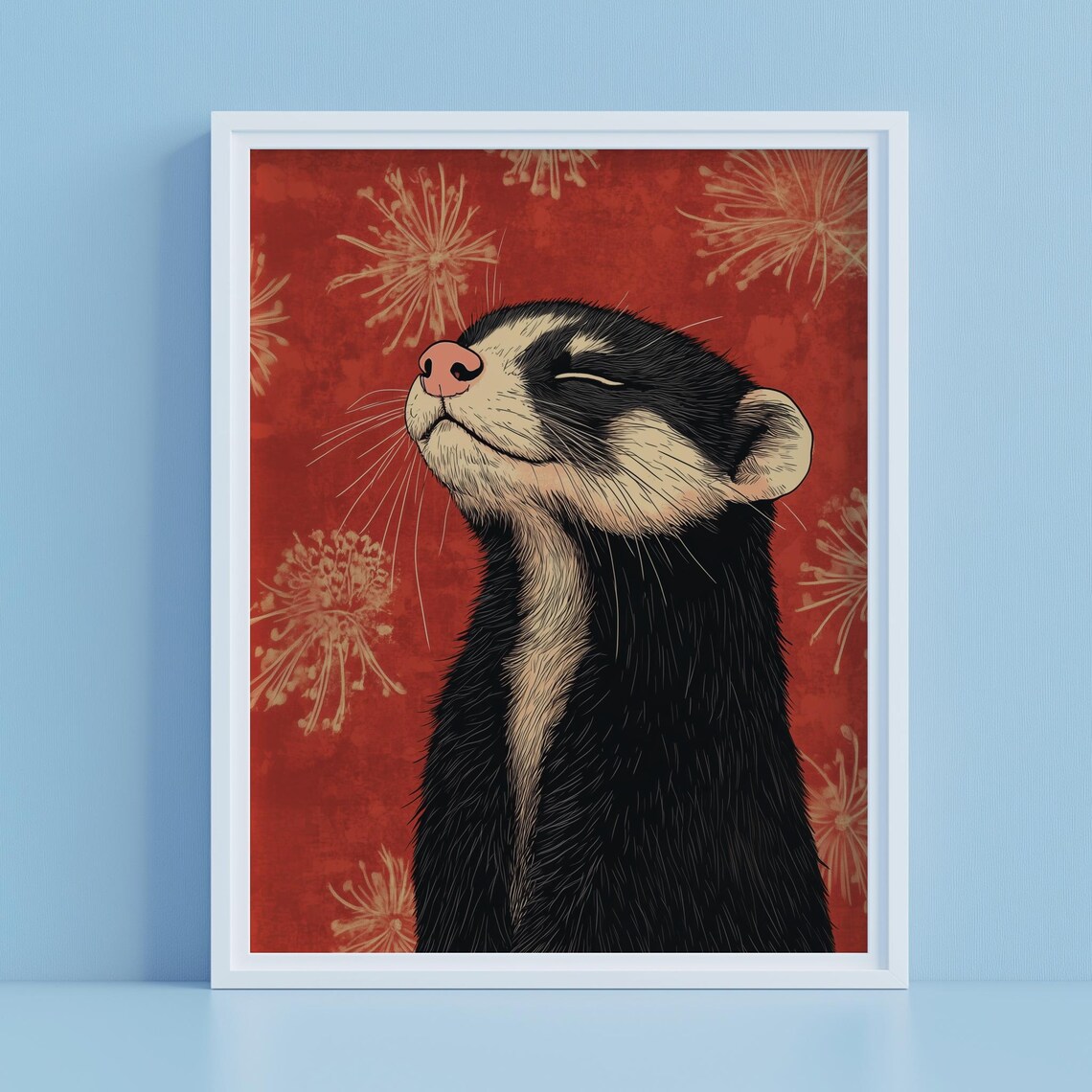 Serene Black Ferret Floral Red Background Ukiyoe Style Art Poster - Image 2