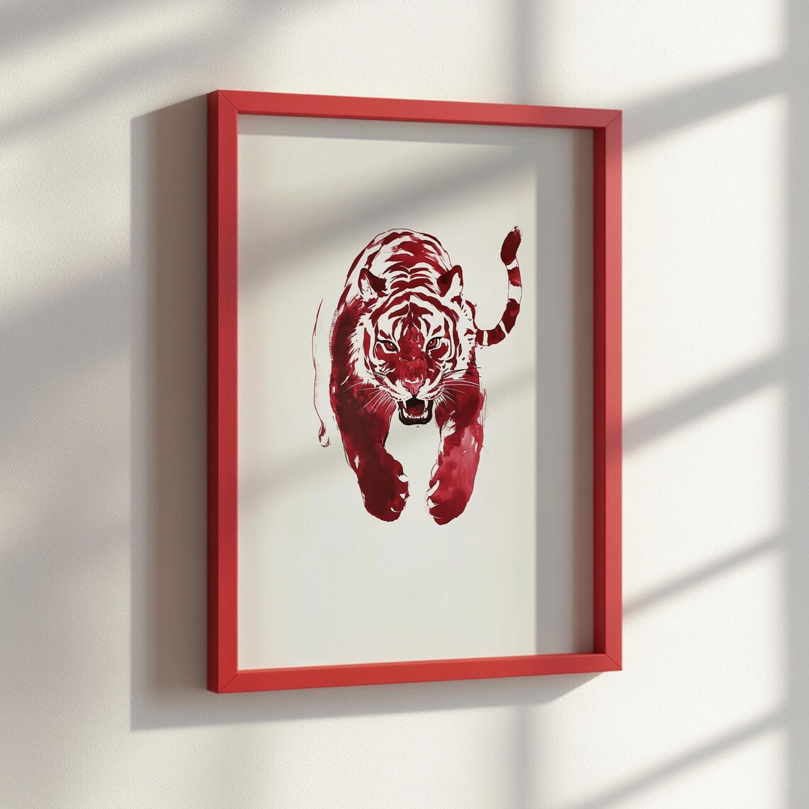 Red Ink Sumi Tiger Walking Brush Painting Fierce Japanese Style Poster - Image 2