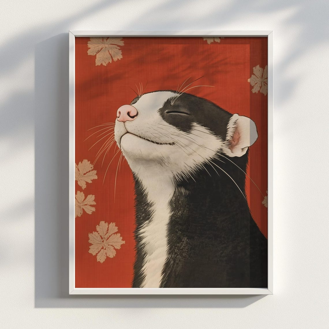 Smiling Ferret Close Up Portrait on Red Floral Ink Art Poster