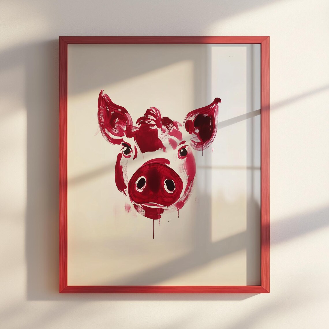 Red Ink Sumie Pig Minimalist Japanese Brush Painting Zen Poster