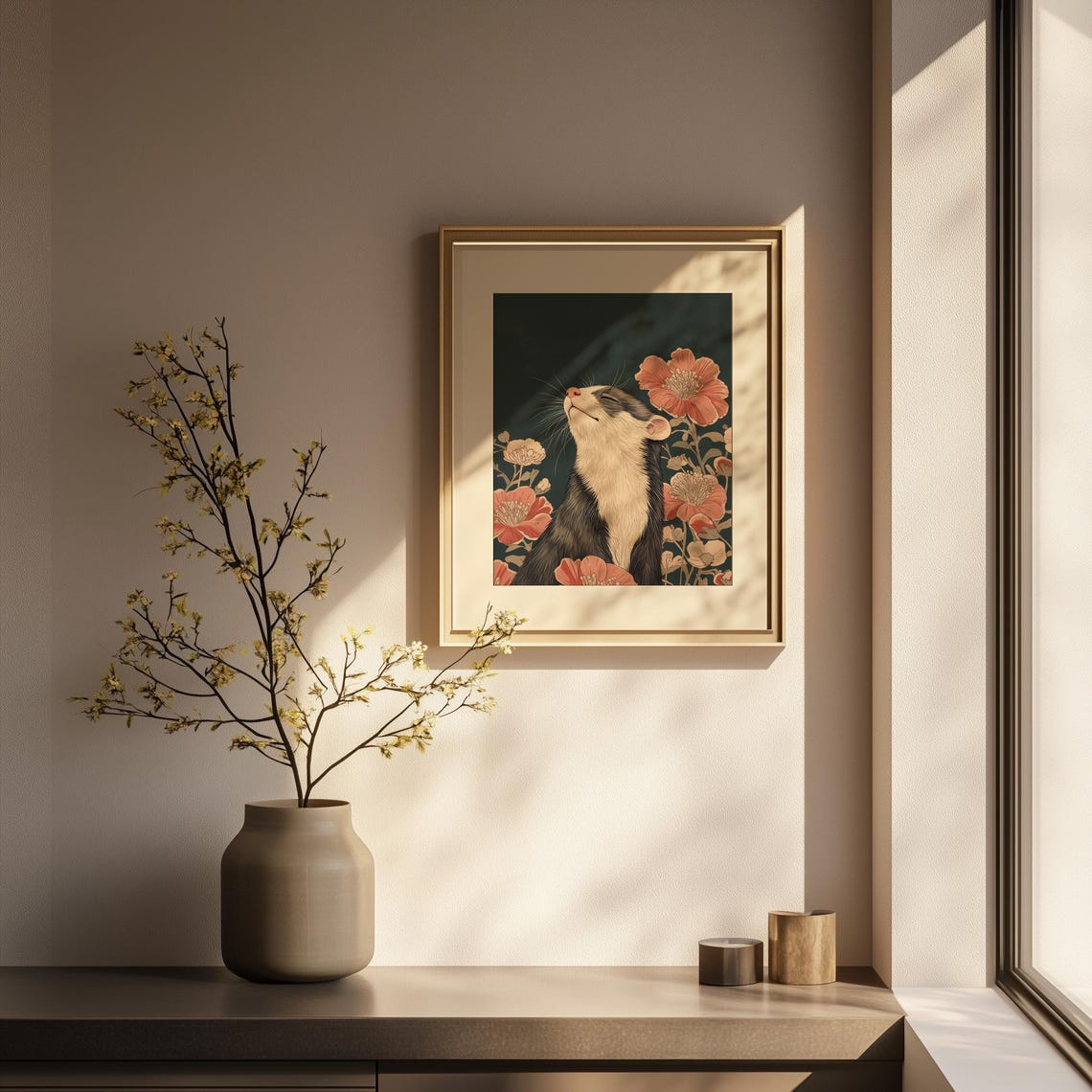 Smiling Ferret Among Pink Blossoms Ukiyoe Floral Ink Art Poster - Image 5