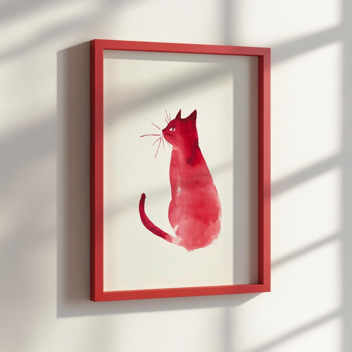 Red Ink Sumie Cat Silhouette Minimalist Japanese Brush Painting Poster - Image 2