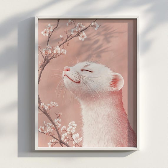 White Ferret Ukiyo-e Cherry Blossom Art Print