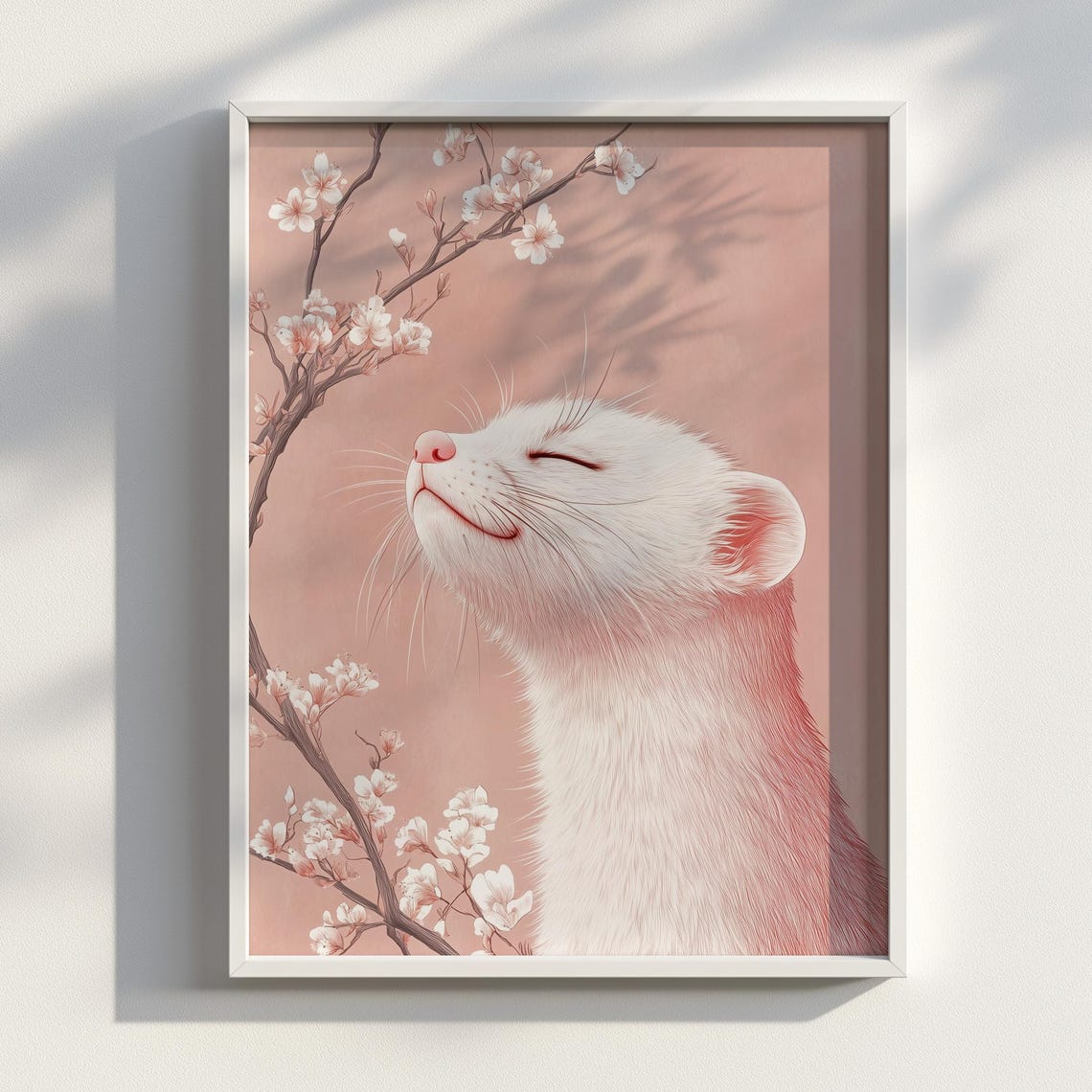 White Ferret Ukiyo-e Cherry Blossom Art Print