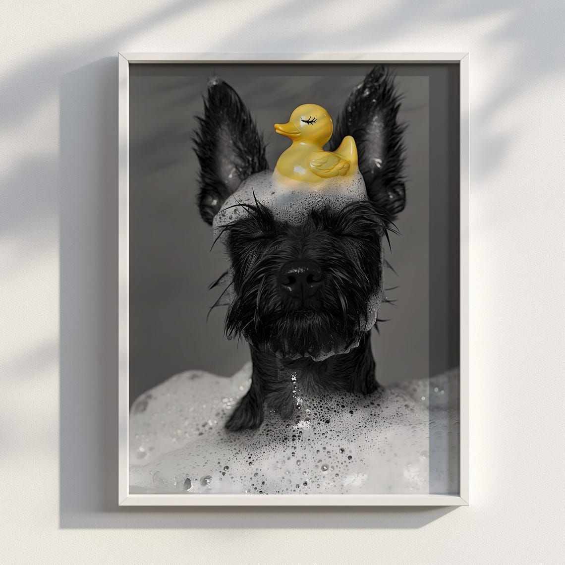 Scottish Terrier Bubble Bath Funny Black White Dog Bathroom Wall Art With Rubber Duck For Pet Lovers Poster
