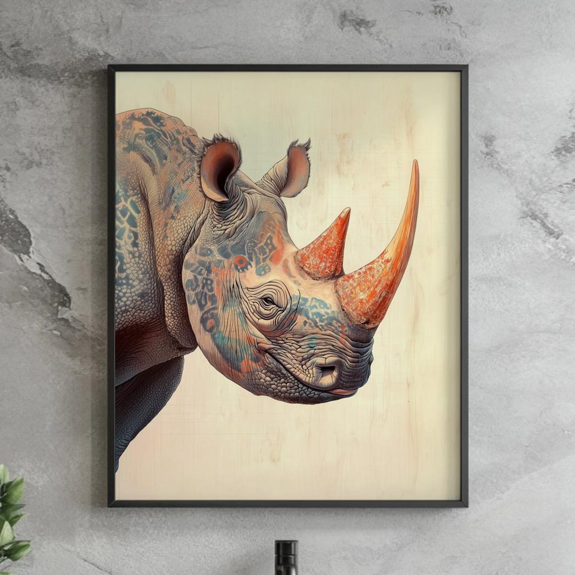 Colorful Rhino Portrait Japanese Style Orange Horn Art Poster