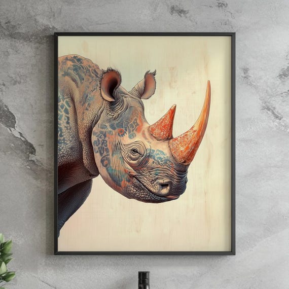 Ukiyoe Rhino Print Japanese Art Style Wildlife Wall Decor Elegant Illustration Traditional Ink Wash Animal Poster Modern