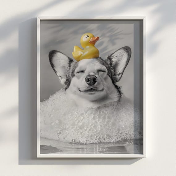 Welsh Corgi In Bathtub Print Whimsical Dog Bath Art Bathroom Decor Lover Gift Pembroke Funny Poster