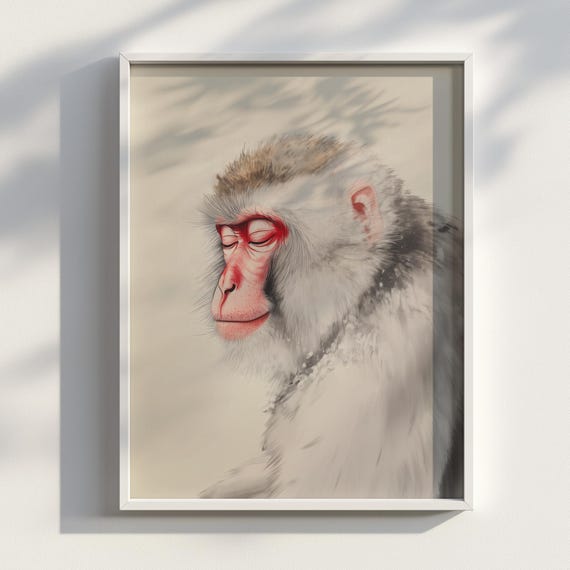 Snow Macaque Wall Art In Traditional Ukiyoe Style Serene Japanese Monkey Print For Zen And Japandi Home Dcor Portrait