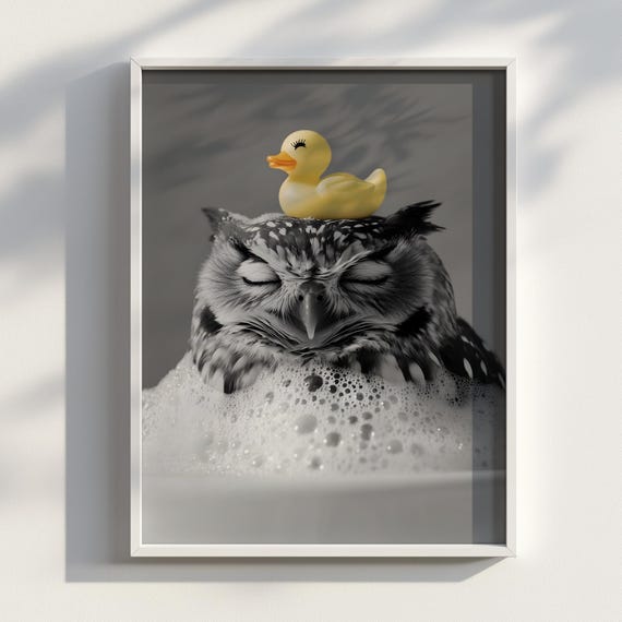 Soapy Owl Relaxed Bird Art Poster Cute Wall Avian Bubble Bathroom