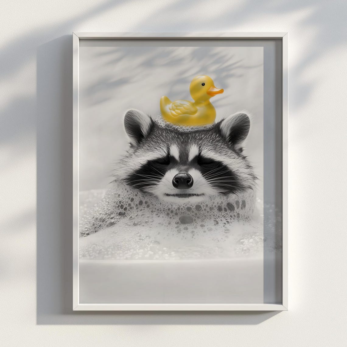 Raccoon Bubble Bath With Rubber Duck Black And White Funny Poster